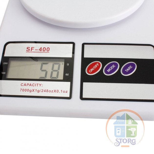 Весы кухонные S-TORG SF-400, белый, 7кг, тарокомпенсация, деление 1г